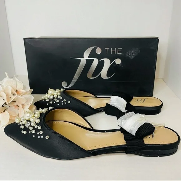 The Fix Women's Porter Pointed Toe Ankle Wrap Flat Slide Pearls Black. - Picture 4 of 7